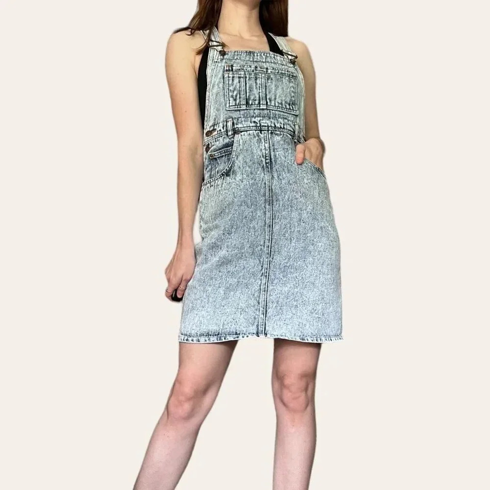 80s/90s vintage acid wash denim overall dress XS